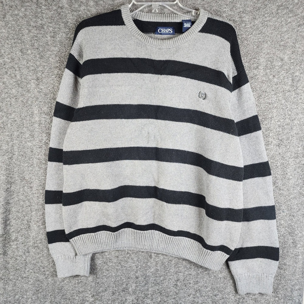 Chaps Sweater Mens XL Crewneck Gray Black Striped Logo Cotton Knit EUC